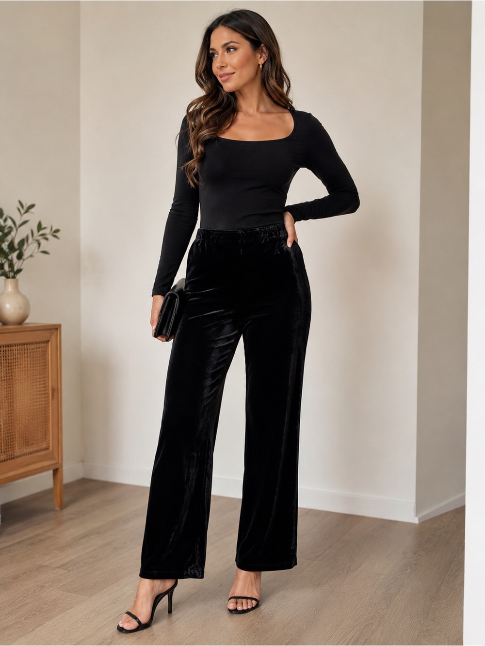 NY Collection Women’s Black Velvet Pull-On Wide Leg Pants Size Medium NWT